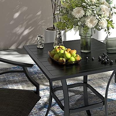 Patio Dining Table Square Dark Grey Metal Slatted Top Lower Shelf