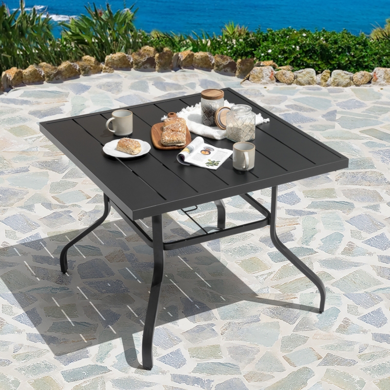 Patio Dining Table Square Slat Top with Umbrella Hole Black