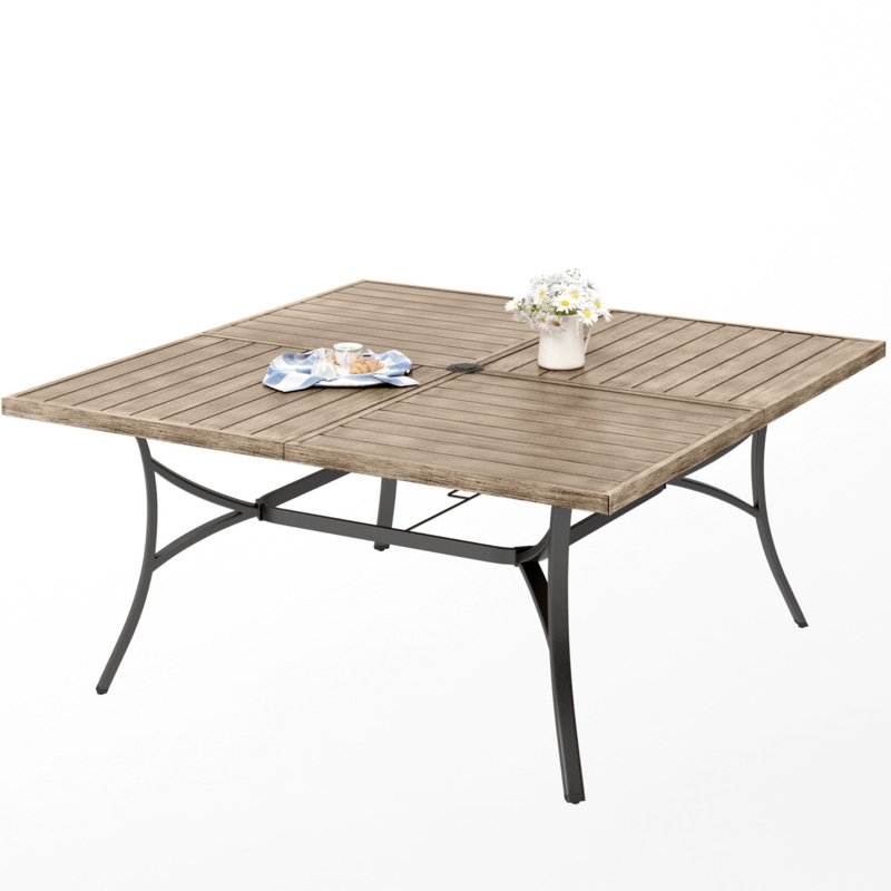 Patio Dining Table Square Top Wood Toned Slats Black Metal Frame