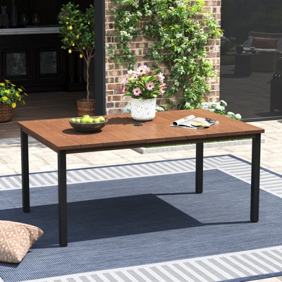 Patio Dining Table, Square Wood-Toned Slatted Top, Black Metal Base, Transitional Style