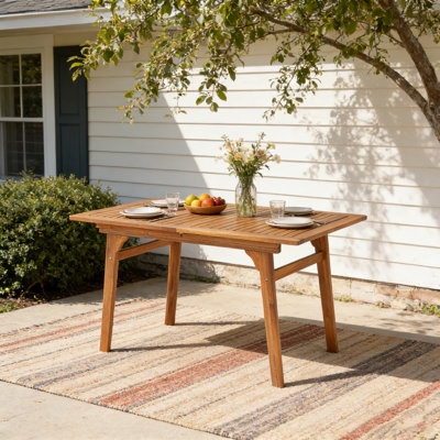 Patio Dining Table Straight Legs Slatted Wood Top Rectangular Brown