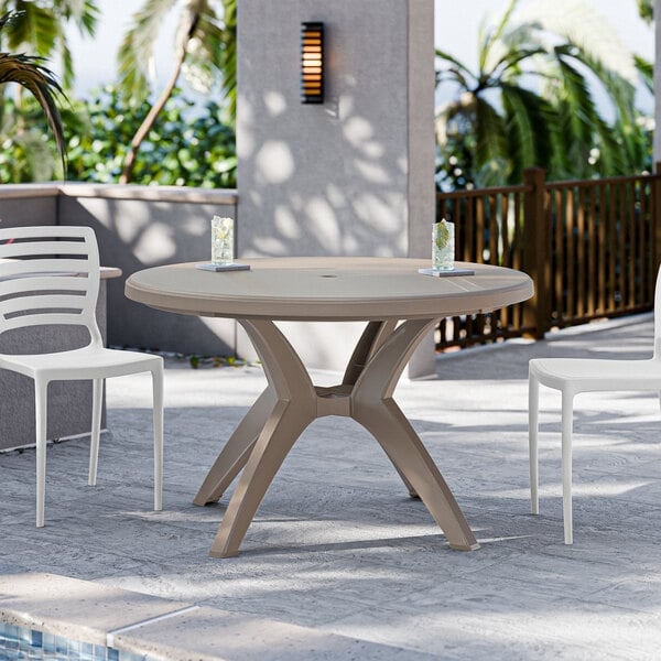 Patio Dining Table Taupe Round Architectural Pedestal Umbrella Hole