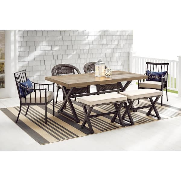 Patio Dining Table Tiled Top Metal Trestle Base Farmhouse Garden