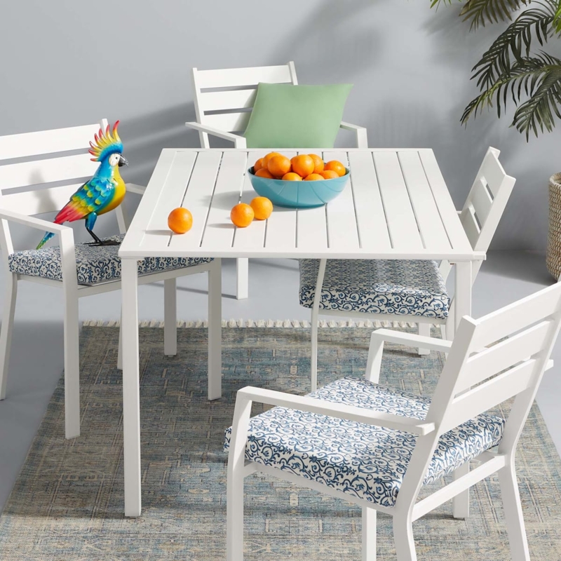 Patio Dining Table White Metal Parasol Hole Square Legs Minimalist