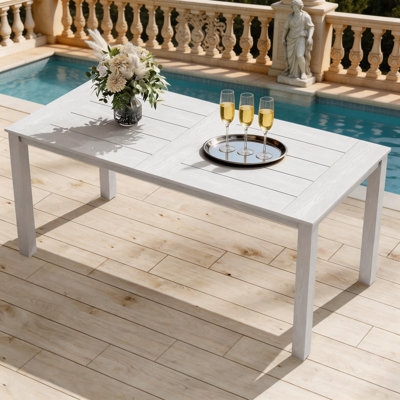 Patio Dining Table White Resin Slatted Top All-Weather Rectangular