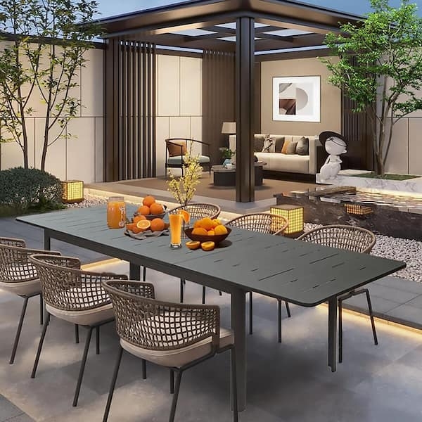 Patio Dining Table with Expandable Leaf and Slatted Top Black