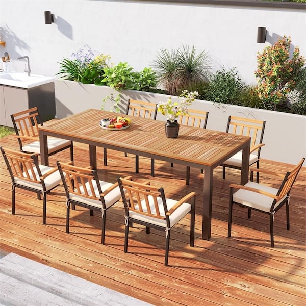 Patio Dining Table with Slatted Top and Umbrella Hole Light Brown