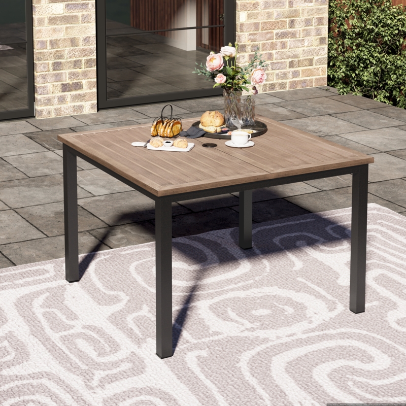Patio Dining Table Wood-Like Slats Black Metal Frame Transitional Style
