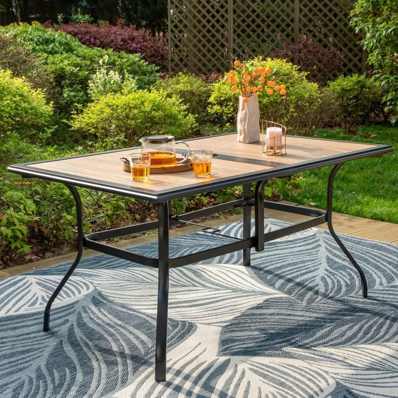 Patio Dining Table Wood Look Slats Umbrella Hole Industrial Style