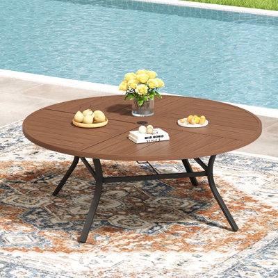Patio Dining Table X Stretcher Base Round Slatted Top Metal Brown