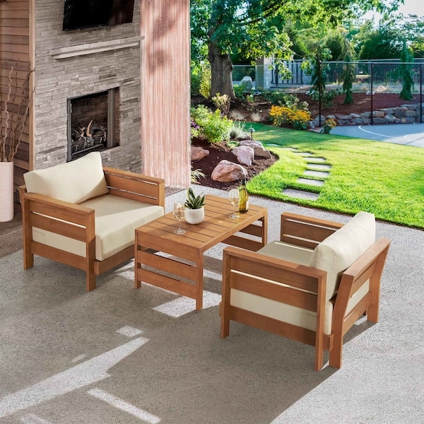 Patio Furniture Set 3 Piece Natural Wood Toned X Cross Base