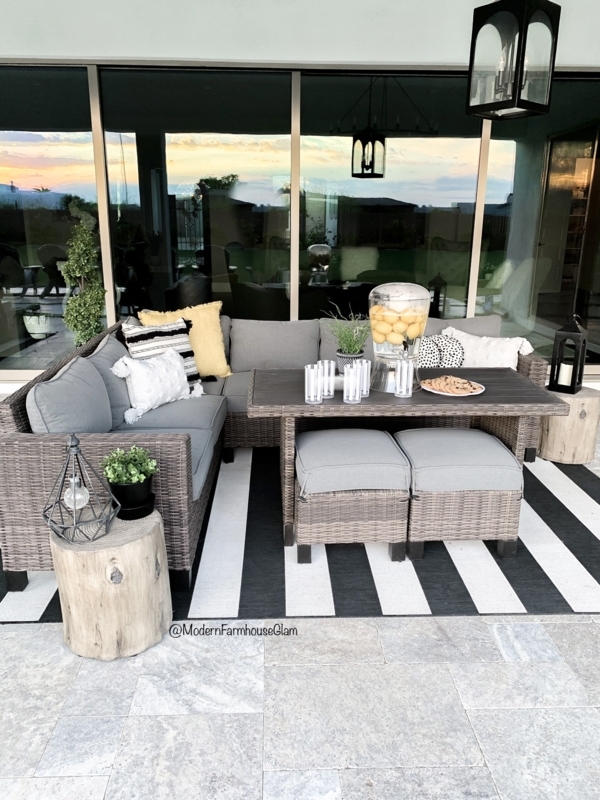 Patio Furniture Set Black Metal Round Fire Pit String Lights Glam