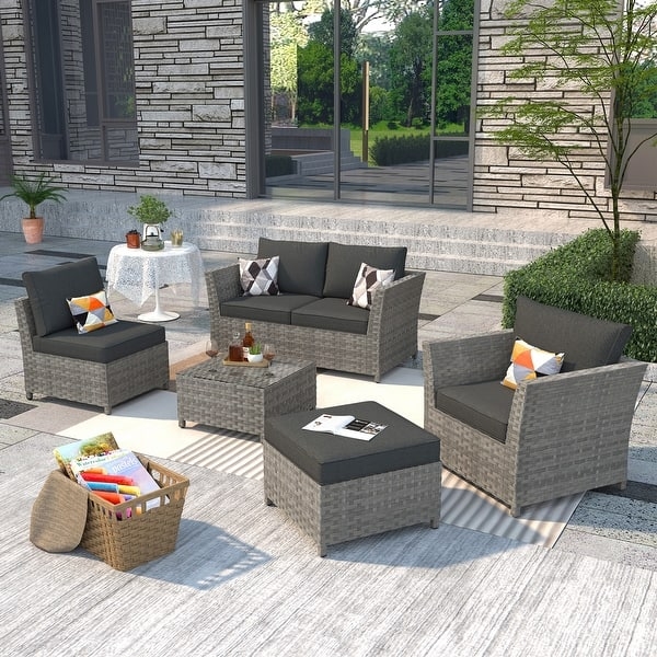 Patio Furniture Set Dark Grey Wicker Modular Teal Accents