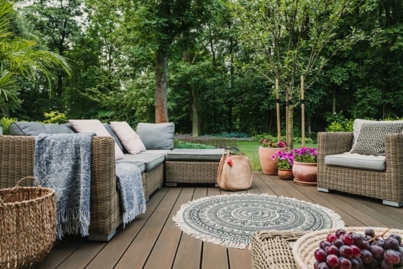 Patio Furniture Set Woven Wicker Slatted Wood Table Plush Cushions
