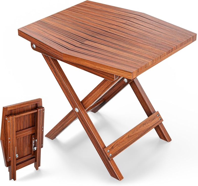 Patio Side Table Chestnut Wood Slatted Top X-Frame Folding Base Traditional Garden