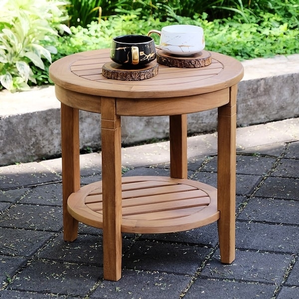 Patio Side Table Square Weathered Gray Wood Toned Slatted Top