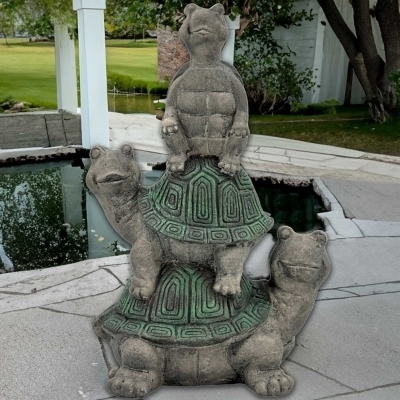 Patio Statue Triple Turtle Stack Antique Patina Weathered Accent