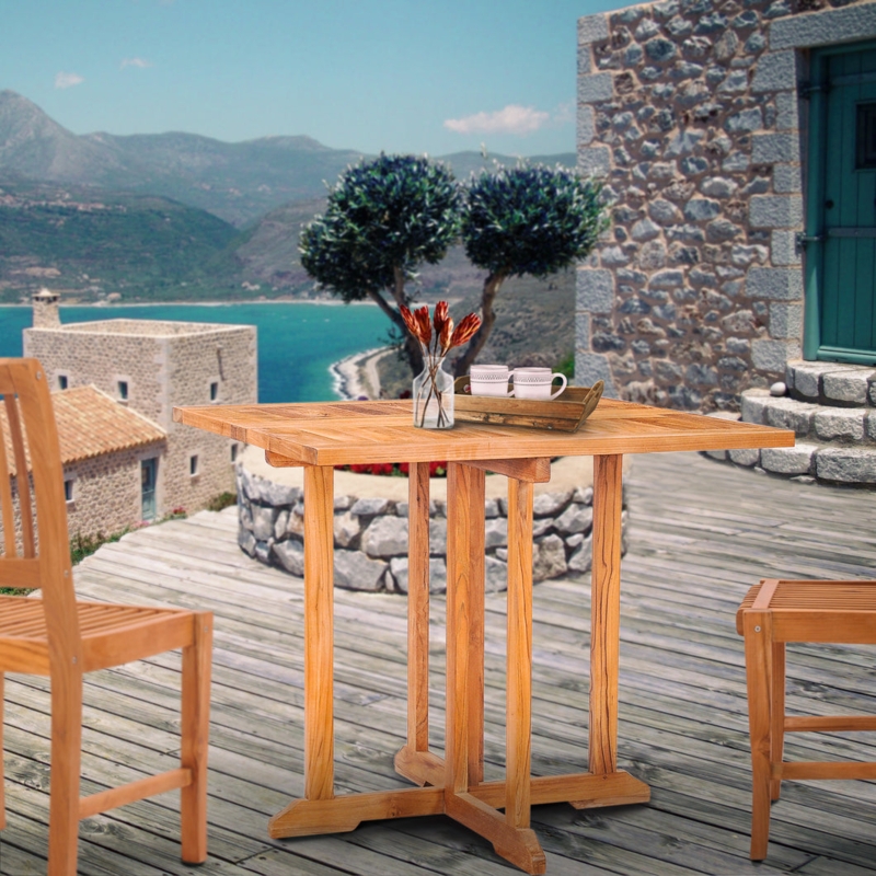 Patio Table Folding X-Frame Base Warm Wood Toned Slatted Top Rustic