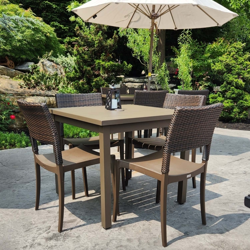 Patio Table Textured Bronze Top Charcoal Grey Pedestal X-Base Modern