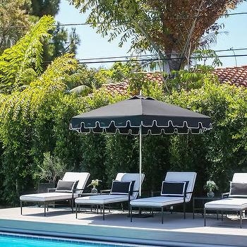 Patio Umbrella Black Chaise Lounges Striped Canopy Resort Style