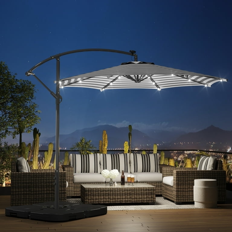 Patio Umbrella Cantilever Offset Octagonal Shape Striped Pattern Poolside