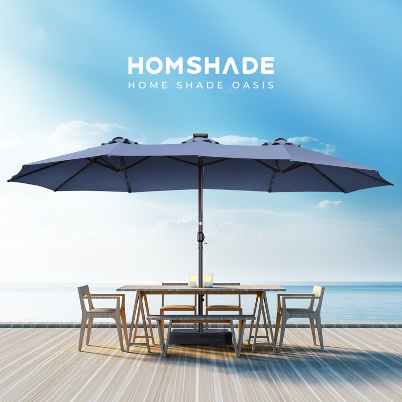 Patio Umbrella Double Canopy Integrated LED Rib Lights Navy Blue