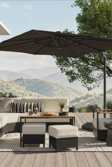 Patio Umbrella Mixed Types Wood Furniture Contrast Deck Setup