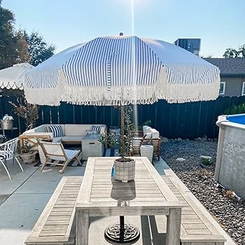 Patio Umbrella Navy Blue Stripes Tassel Fringe Coastal Boho