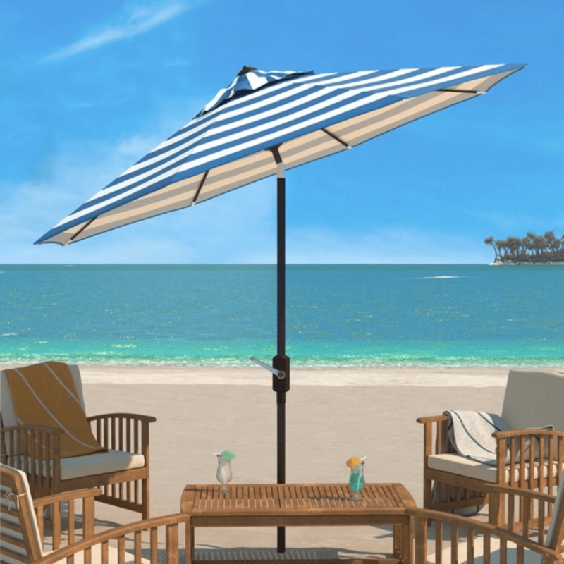 Patio Umbrella Navy White Striped Wood Grain Pole Auto Tilt