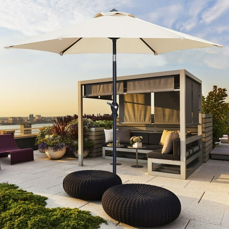 Patio Umbrella Six Ribs Khaki Fabric Tilt Function Crank Lift Deck