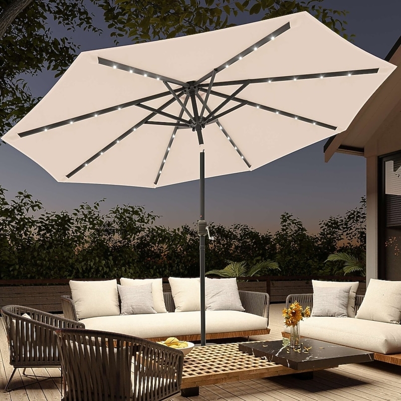 Patio Umbrella Solar LED Ribs Illuminated Seating Area Functional Style