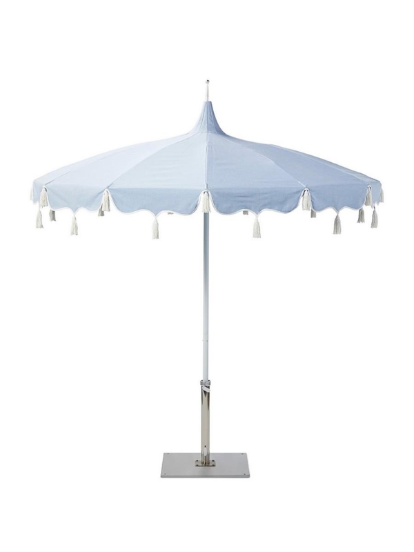 Patio Umbrella Tasseled Fringe Scalloped Edge Coastal Blue Chic