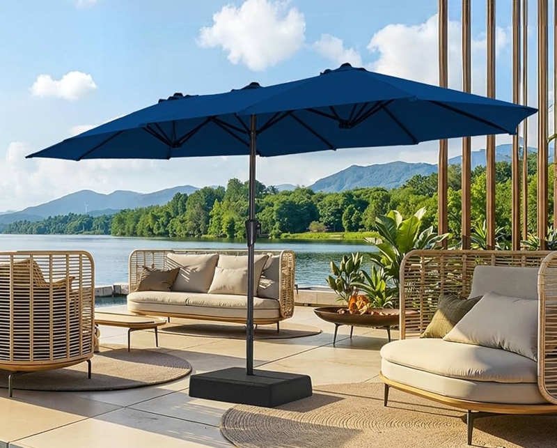 Patio Umbrella Twin Canopy Extra Wide Navy Blue Weighted Base