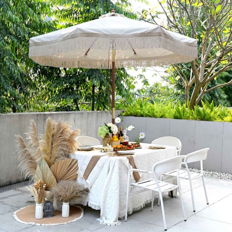 Patio Umbrella Twisted Fringe Wooden Pole Boho Chic Garden Decor