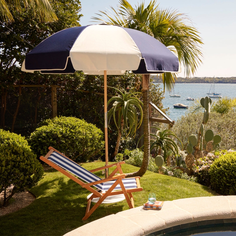 Patio Umbrella with Striped Interior and Fringed Valance