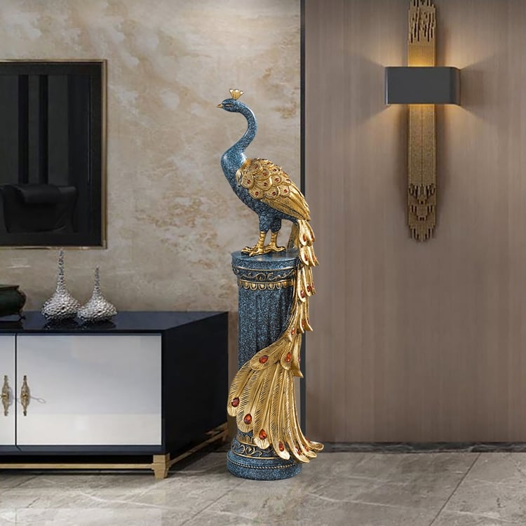 Peacock Sculpture Floor Vibrant Blue Fanned Tail Elegant Decor
