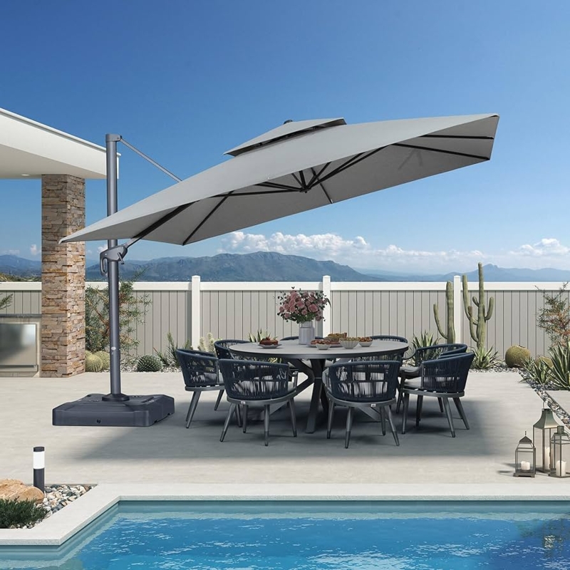 Pebble Grey Cantilever Umbrella Square Canopy Weighted Base