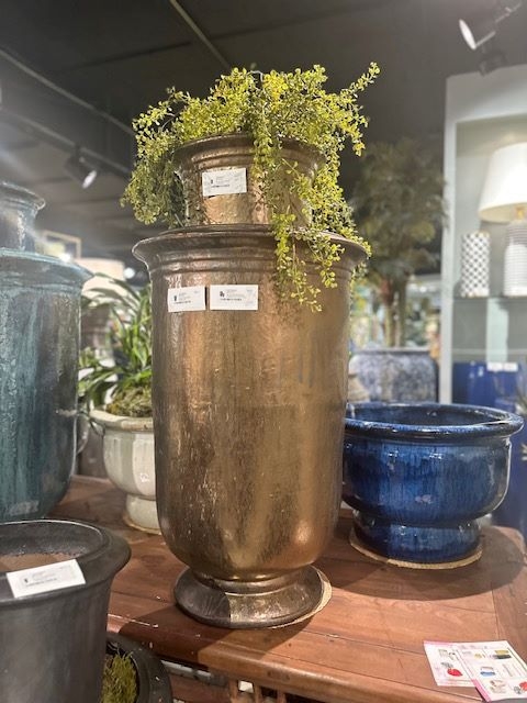 Pedestal Planter Antique Gold Chalice Shape with Flared Rim