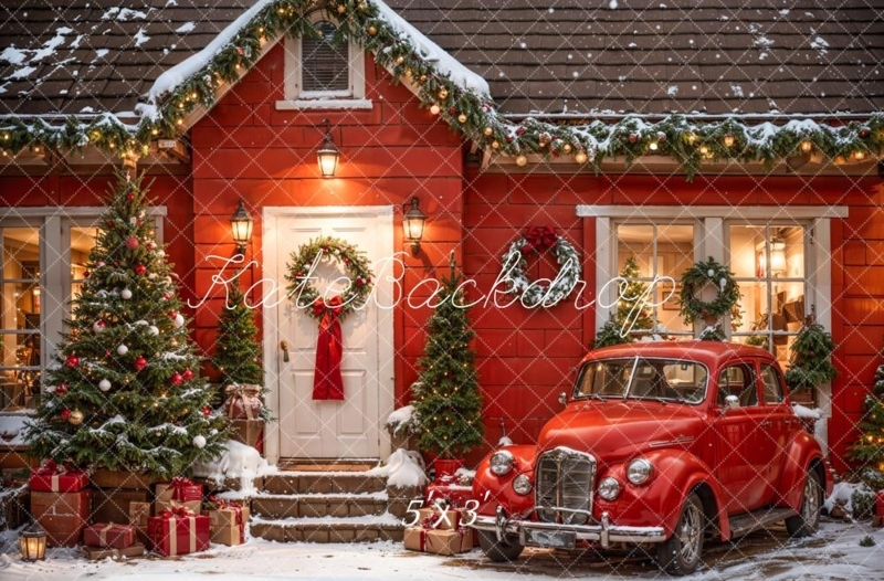 Photography Backdrop Microfiber Red Car Motif Christmas Studio Setup