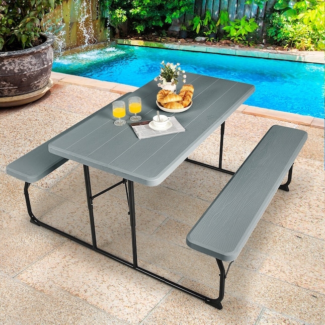 Picnic Table Folding Design Charcoal Gray Integrated Benches Portable