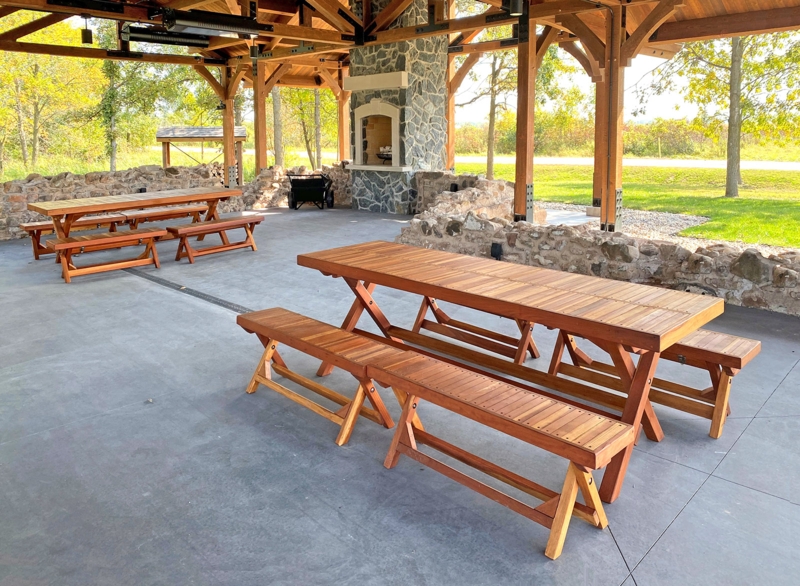 Picnic Table Folding Legs Redwood Tone Rustic Slatted Wood