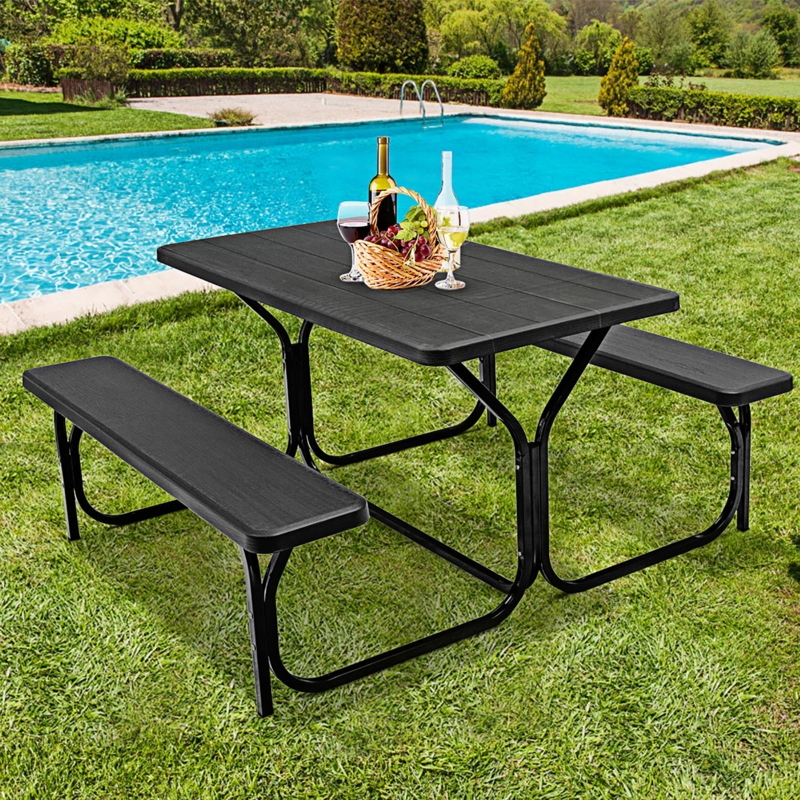 Picnic Table HDPE Surfaces All-Black Finish Modern Set