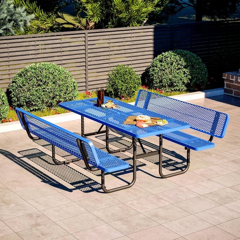 Picnic Table Heavy-Duty Iron Mesh Blue Integrated Backrests
