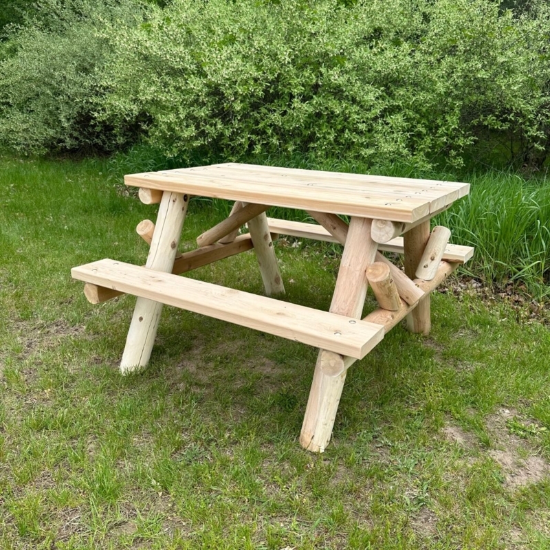 Picnic Table Log Construction Contoured Seating Rustic Lodge