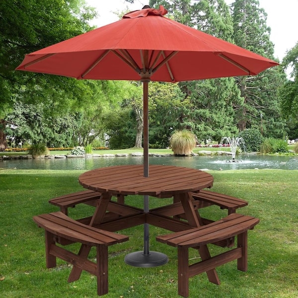 Picnic Table Octagonal Wood with Integrated Bench Seating Rustic