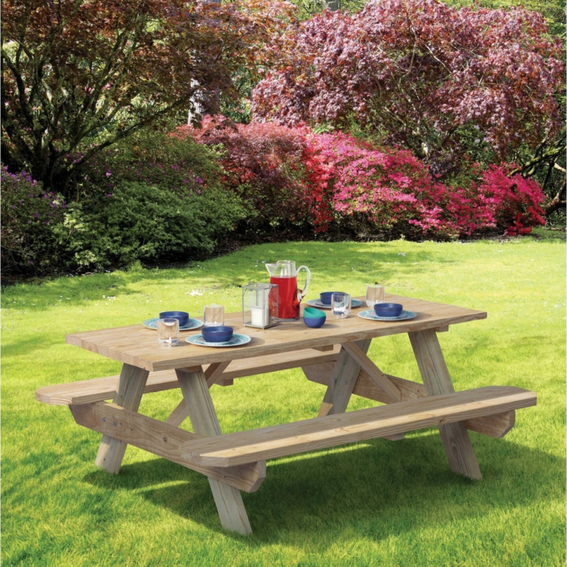 Picnic Table Pressure Treated Wood A-Frame Attached Benches