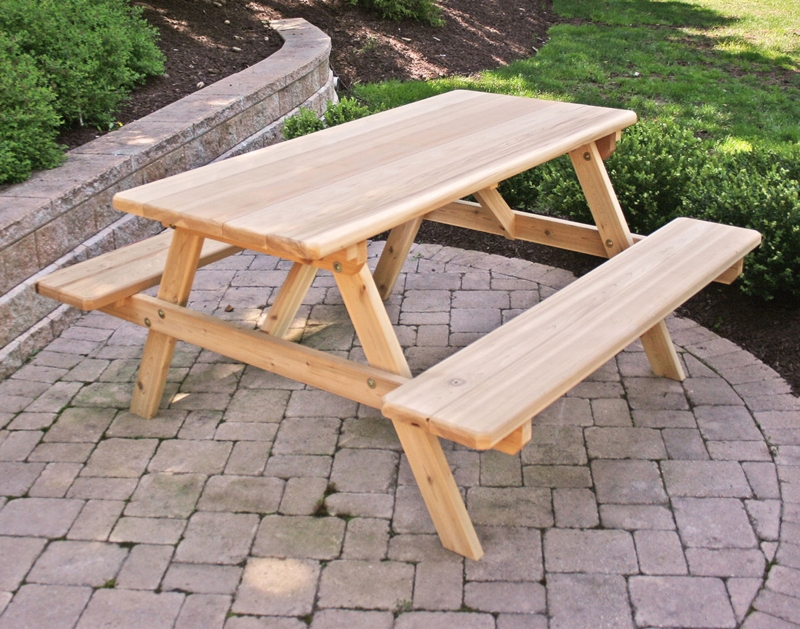 Picnic Table Red Cedar Material A-Frame Attached Seating Rustic