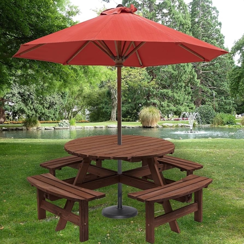 Picnic Table Round Tabletop Integrated Benches Wood Traditional