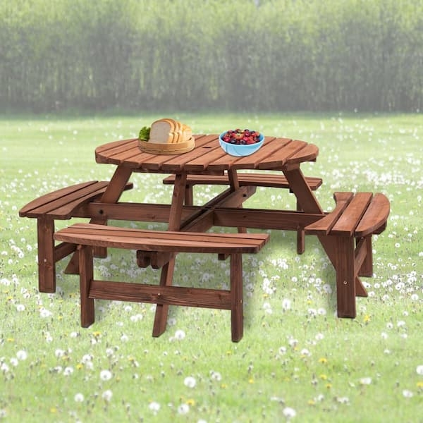 Picnic Table Round Wood with Integrated Curved Bench Seating