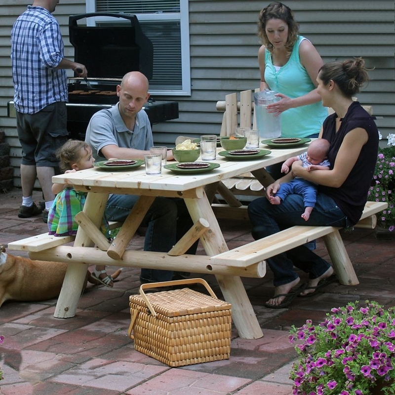 Picnic Table Rustic Log Construction Contoured Benches